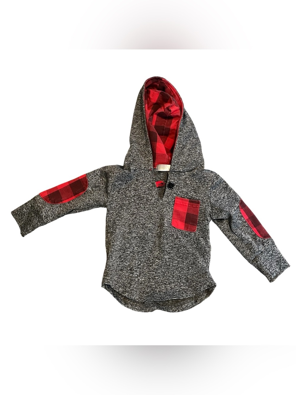 Kids Gray Hoodie with Red Plaid Accents